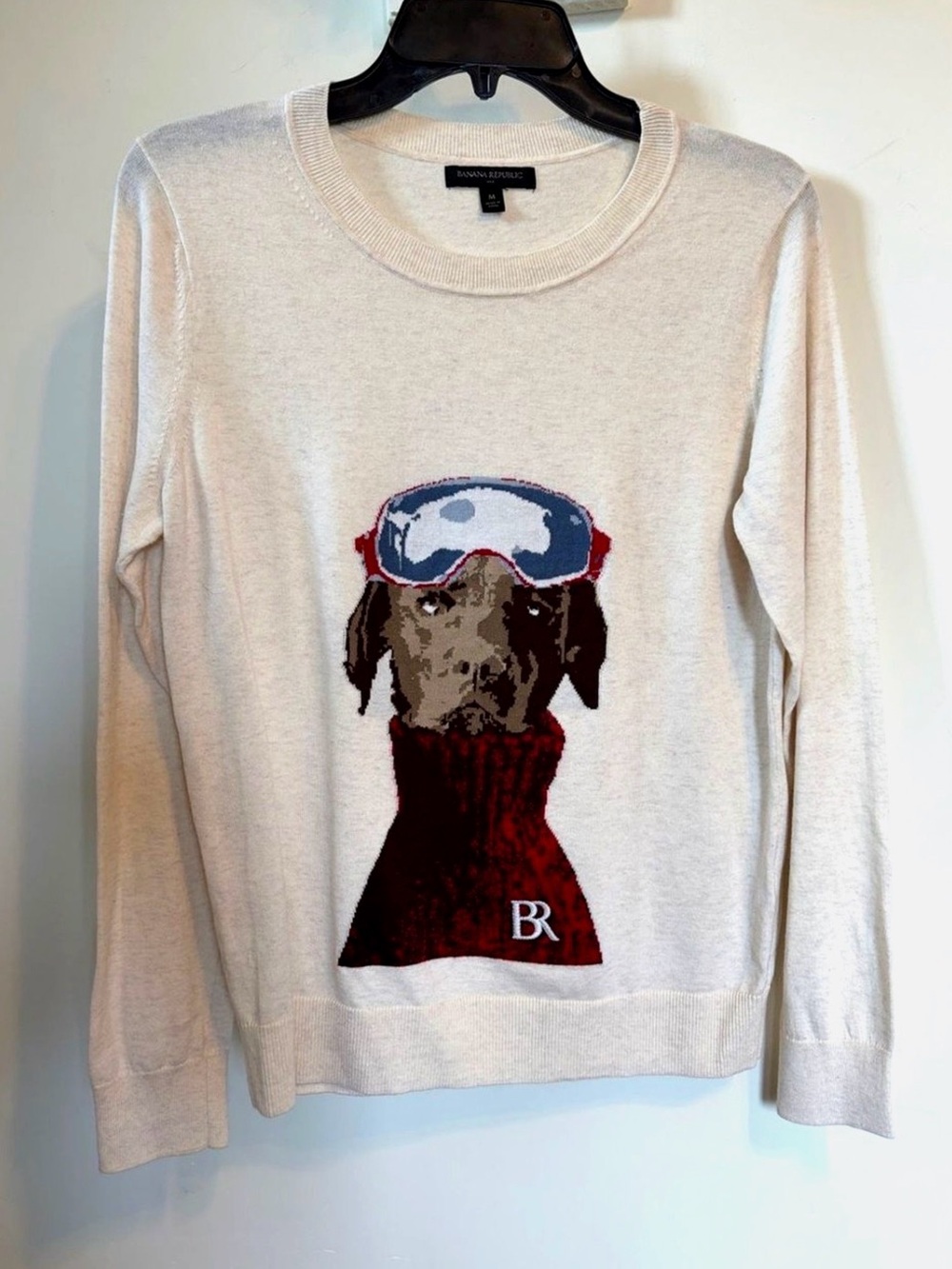 Banana Republic Dog Ski Sweater M Ivory Cotton Winter Knit Intarsia Pullover